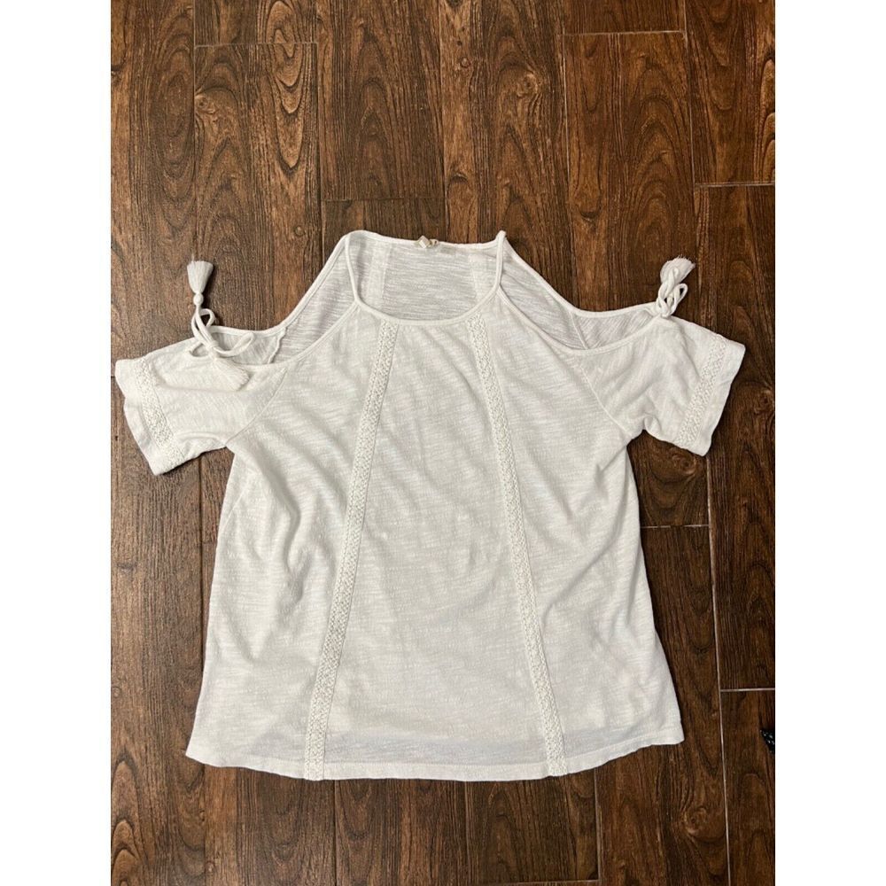 WOMENS ROXY OFF WHITE BOHO COLD SHOULDER FLOWY KNIT SHORT SLEEVE TOP BLOUSE SZ S